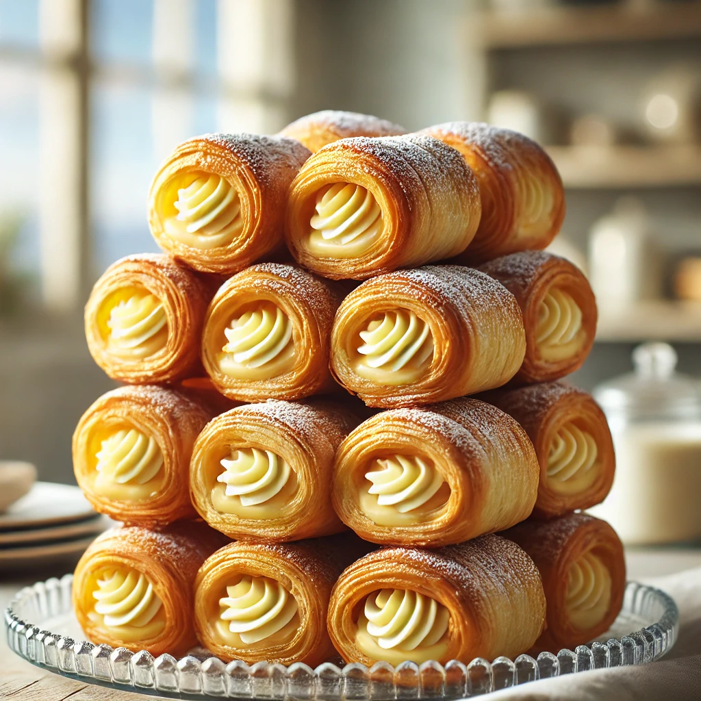 A stack of golden, flaky puff pastry rolls filled with smooth vanilla cream, neatly arranged on a glass plate. The pastries are dusted with powdered sugar, and the background features a softly lit kitchen setting.