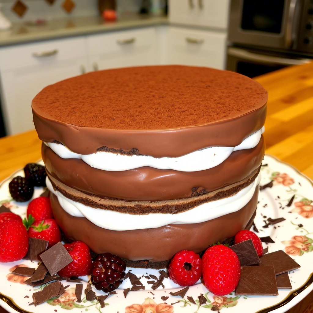 Layered chocolate mousse cake with chocolate sponge, creamy mousse, and whipped cream, topped with a smooth chocolate glaze and cocoa powder. Garnished with fresh berries and chocolate pieces on a decorative plate in a cozy kitchen setting.