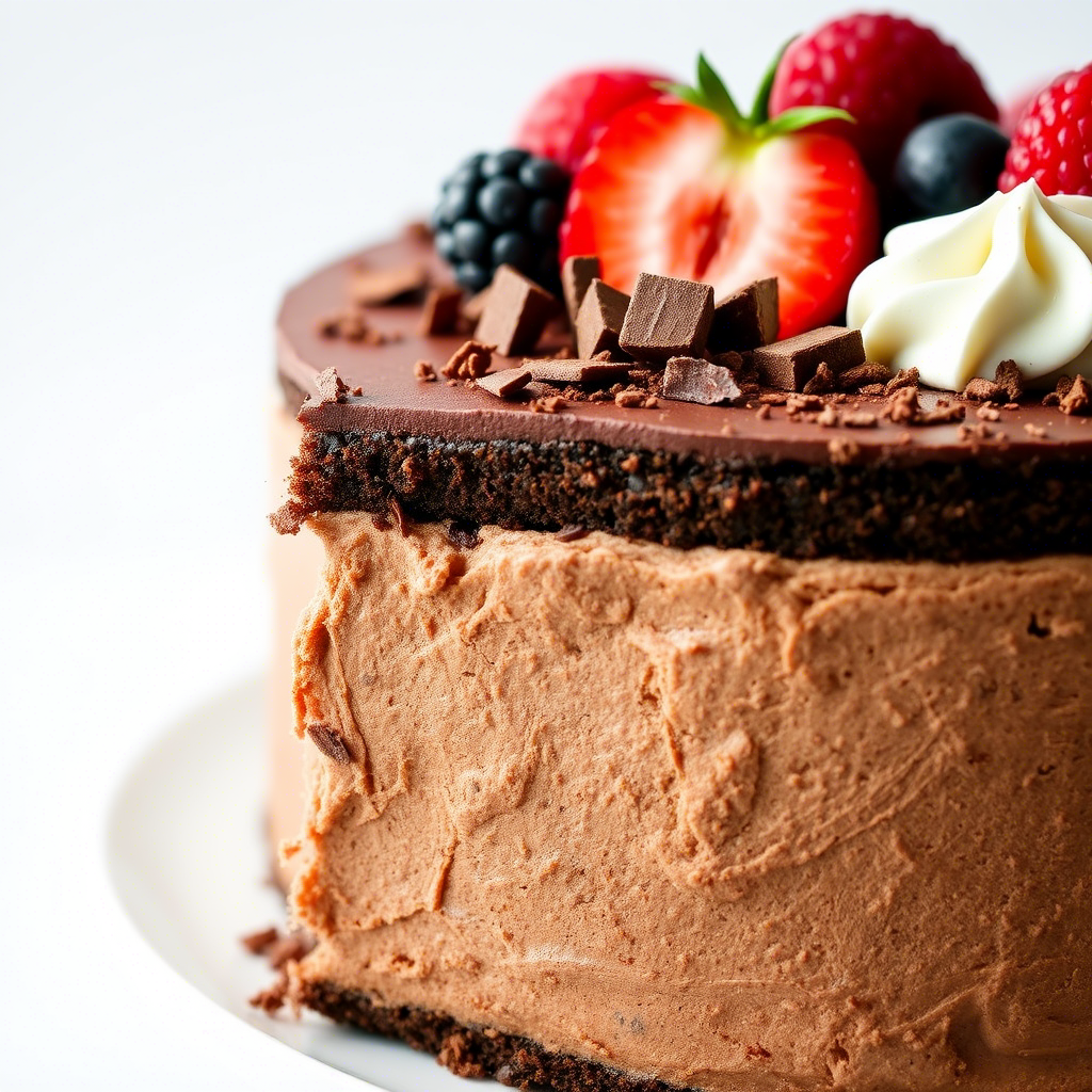 Rich chocolate mousse cake with a thick, creamy mousse layer on a chocolate sponge base, topped with glossy ganache, fresh berries, chocolate chunks, and whipped cream. A slice is removed, revealing its airy texture.