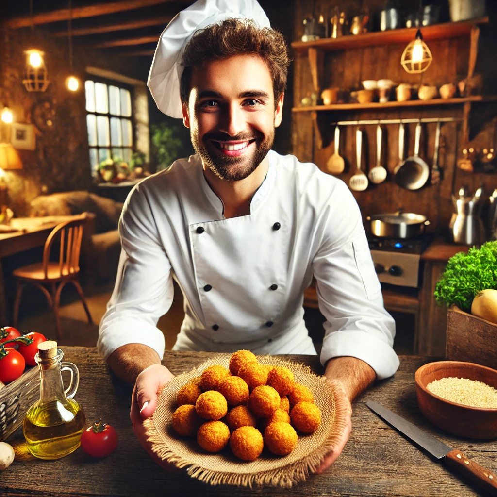 Chef cuisinier présentant des boules de pommes de terre croustillantes – une recette savoureuse et facile à préparer dans une ambiance chaleureuse.