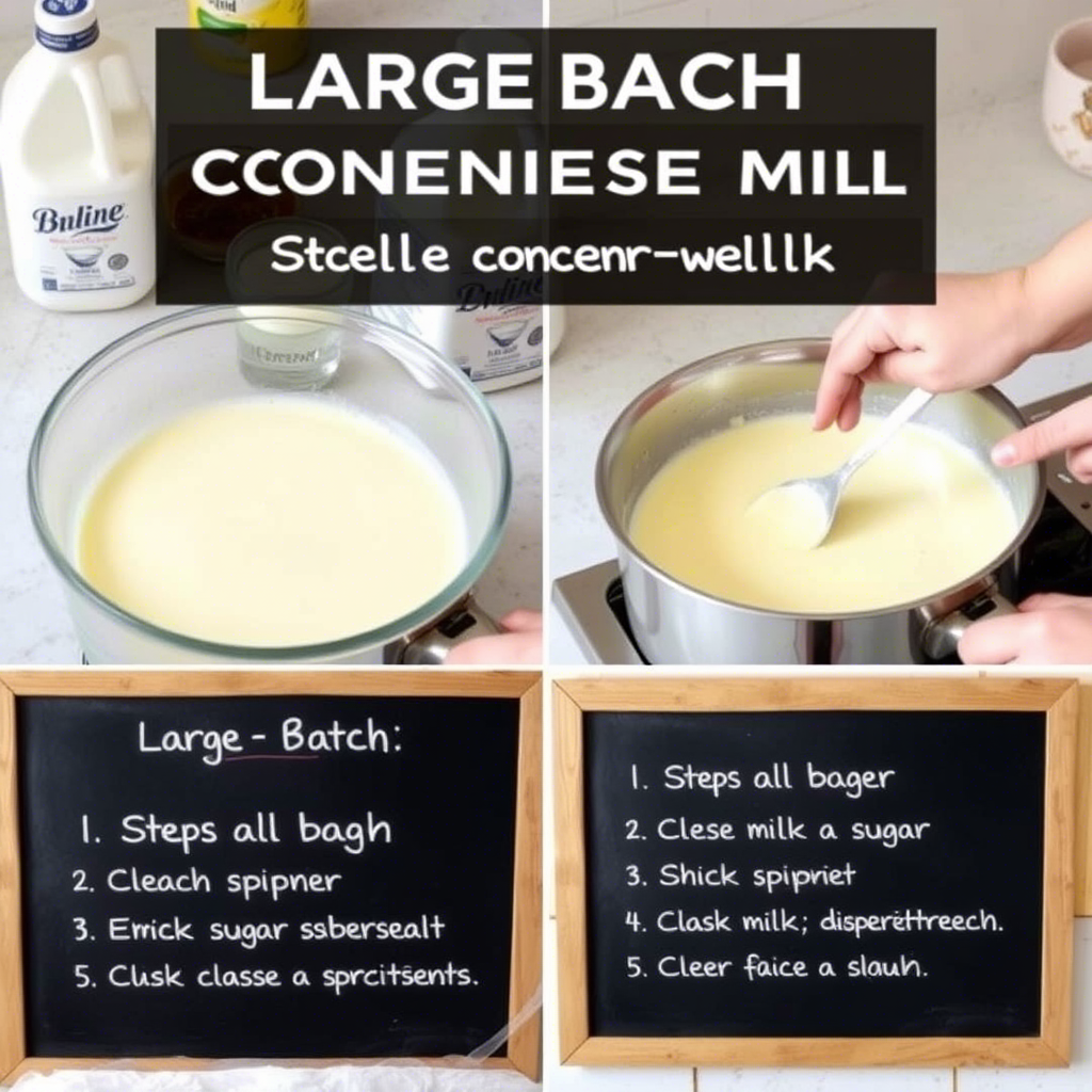 The image shows several glass jars filled with a thick, creamy, off-white liquid. In the bottom part of the image, the same liquid is being poured into a bowl, appearing smooth and viscous, suggesting it could be sweetened condensed milk or a type of creamy sauce.