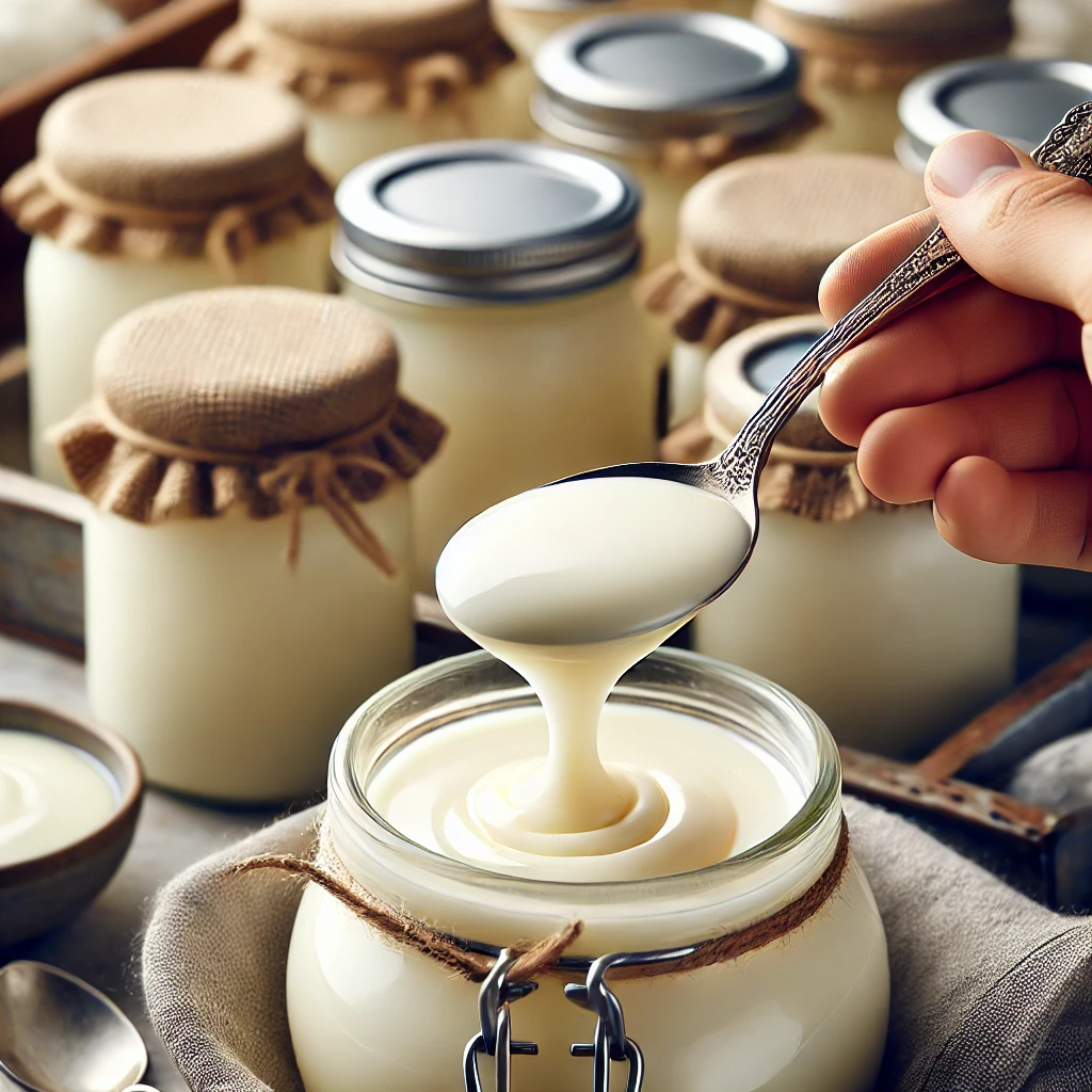 Several glass jars filled with a thick, creamy, off-white liquid are lined up. Below, the same liquid is being poured into a bowl, appearing smooth and viscous, possibly sweetened condensed milk or a creamy sauce.