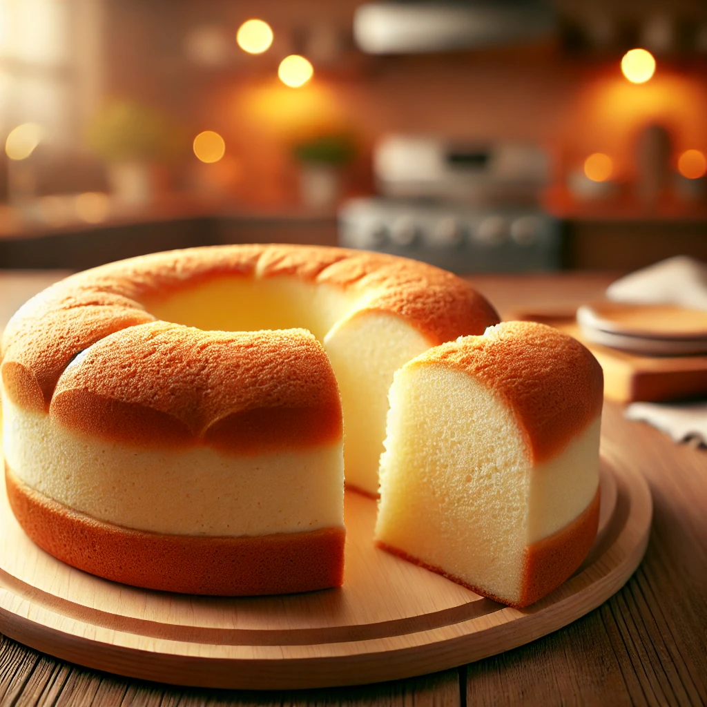 A golden sponge cake with a round shape and a hole in the center, placed on a wooden board. One slice is cut, revealing its soft and fluffy texture. The background features a warm kitchen with soft lighting.