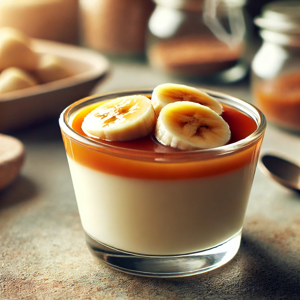 Creamy panna cotta dessert in a glass, topped with fresh banana slices, caramel sauce, and a sprig of mint.