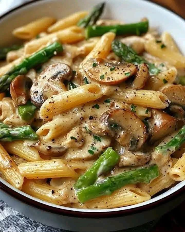 Creamy garlic mushroom and asparagus penne pasta in a rich Parmesan sauce, served in a bowl.