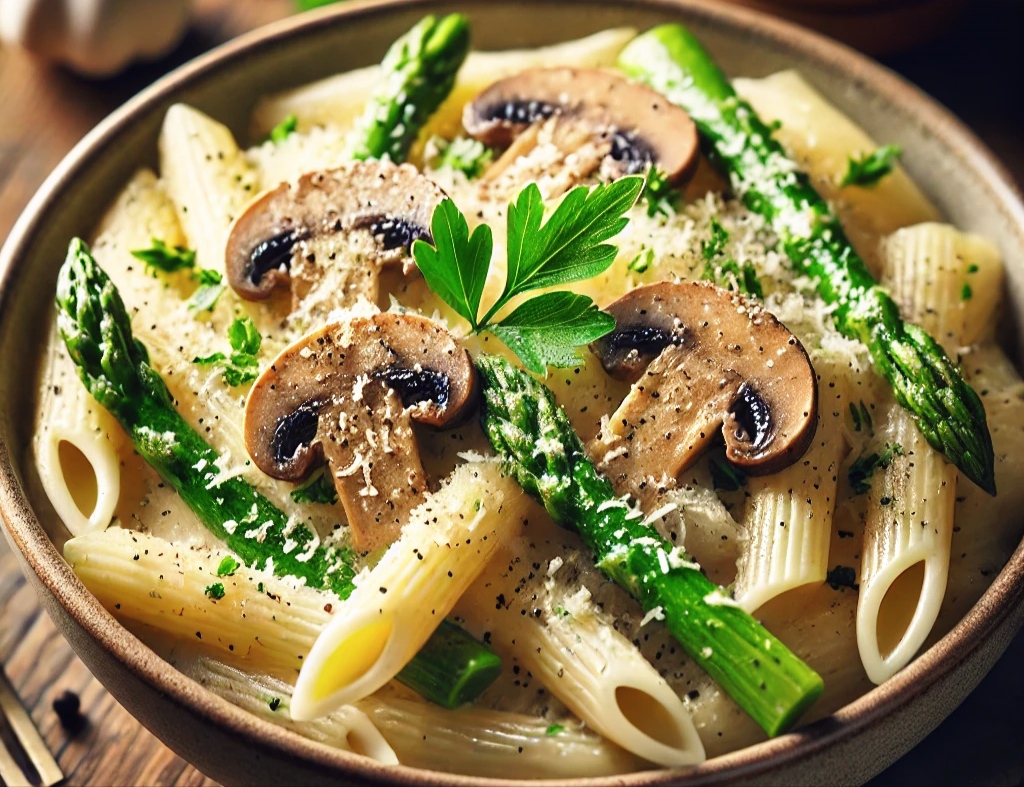 Close-up Pasta Dish:
A creamy garlic mushroom and asparagus penne pasta dish served in a bowl, coated in a rich Parmesan sauce, and garnished with black pepper and fresh parsley.
