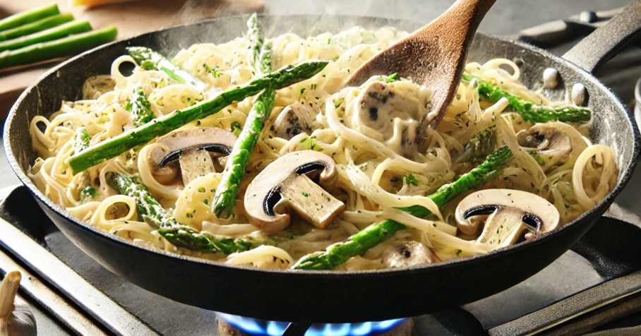 Cooking Process Shot:
A steaming skillet filled with creamy garlic mushroom asparagus pasta being stirred with a wooden spoon on a stovetop. Fresh ingredients like Parmesan, garlic, and asparagus are visible in the background.
